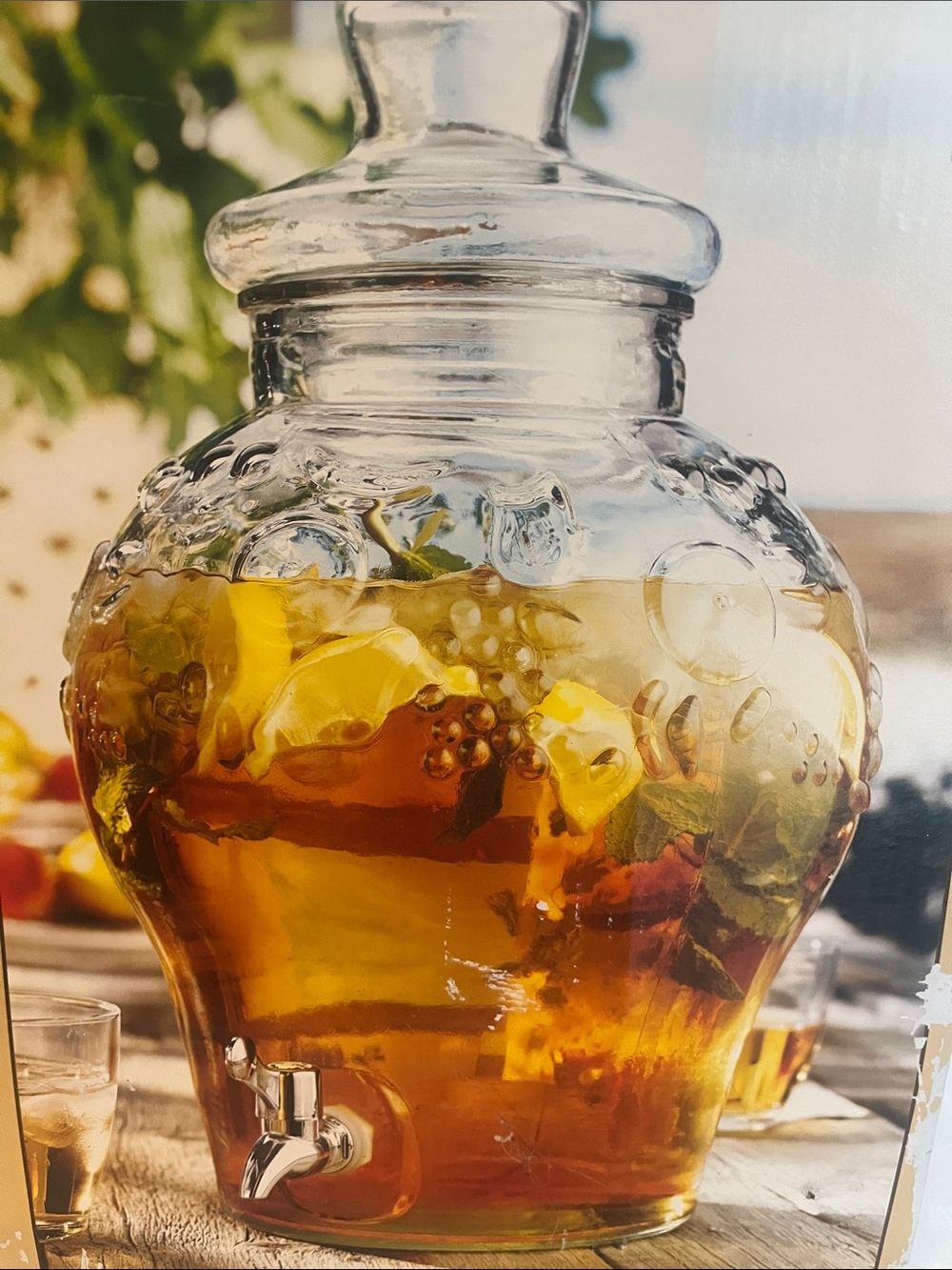 Kirklands Clear Glass Beverage Dispenser with Silver Spigot and fruit design